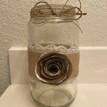 Load image into Gallery viewer, Paper Zen Designs - Glass Jar with Paper Flowers, Burlap, and Lace, Home Decor, Paper Zen Designs, Sacramento . Shop