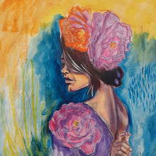 Load image into Gallery viewer, Edda Davila - Woman with Flowers in her head Painting 22”x30”, Wall Art, Edda Davila, Sacramento . Shop