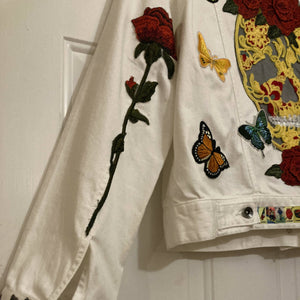 Maggie Devos - White Denim Jacket -Butterflies & skull-Size Lrg, Fashion, Maggie Devos, Atrium 916 - Sacramento.Shop