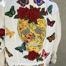 Load image into Gallery viewer, Maggie Devos - White Denim Jacket -Butterflies &amp; skull-Size Lrg, Fashion, Maggie Devos, Atrium 916 - Sacramento.Shop

