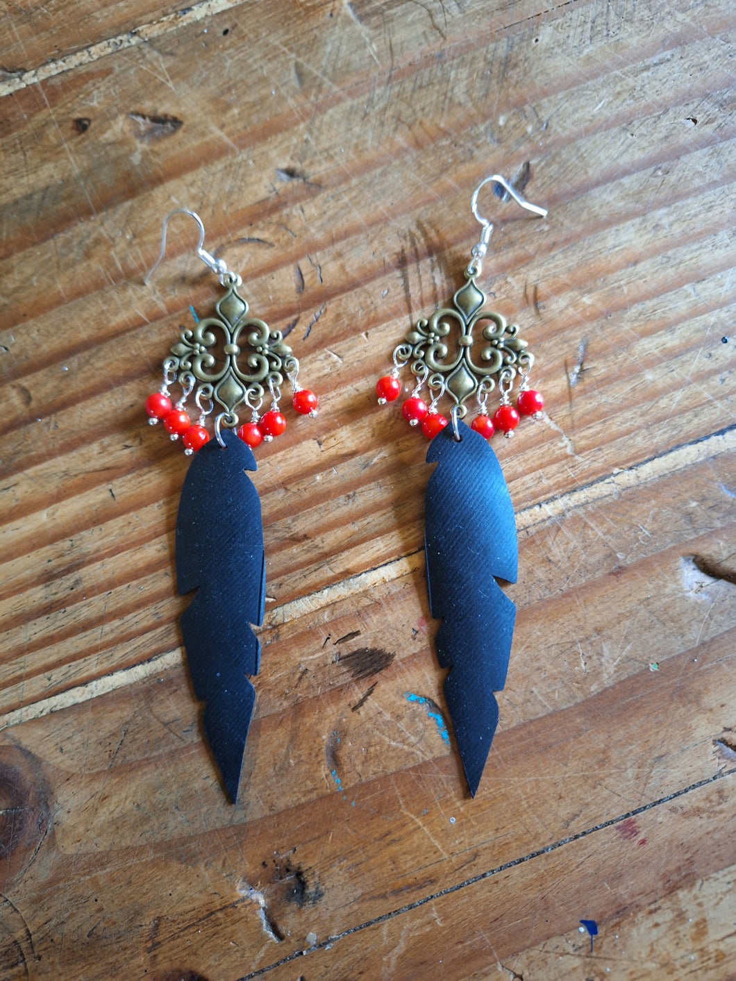 Joyce Pierce - Upcycled Inner Tube Feather Earrings with Coral, Jewelry, Joyce Pierce, Atrium 916 - Sacramento.Shop