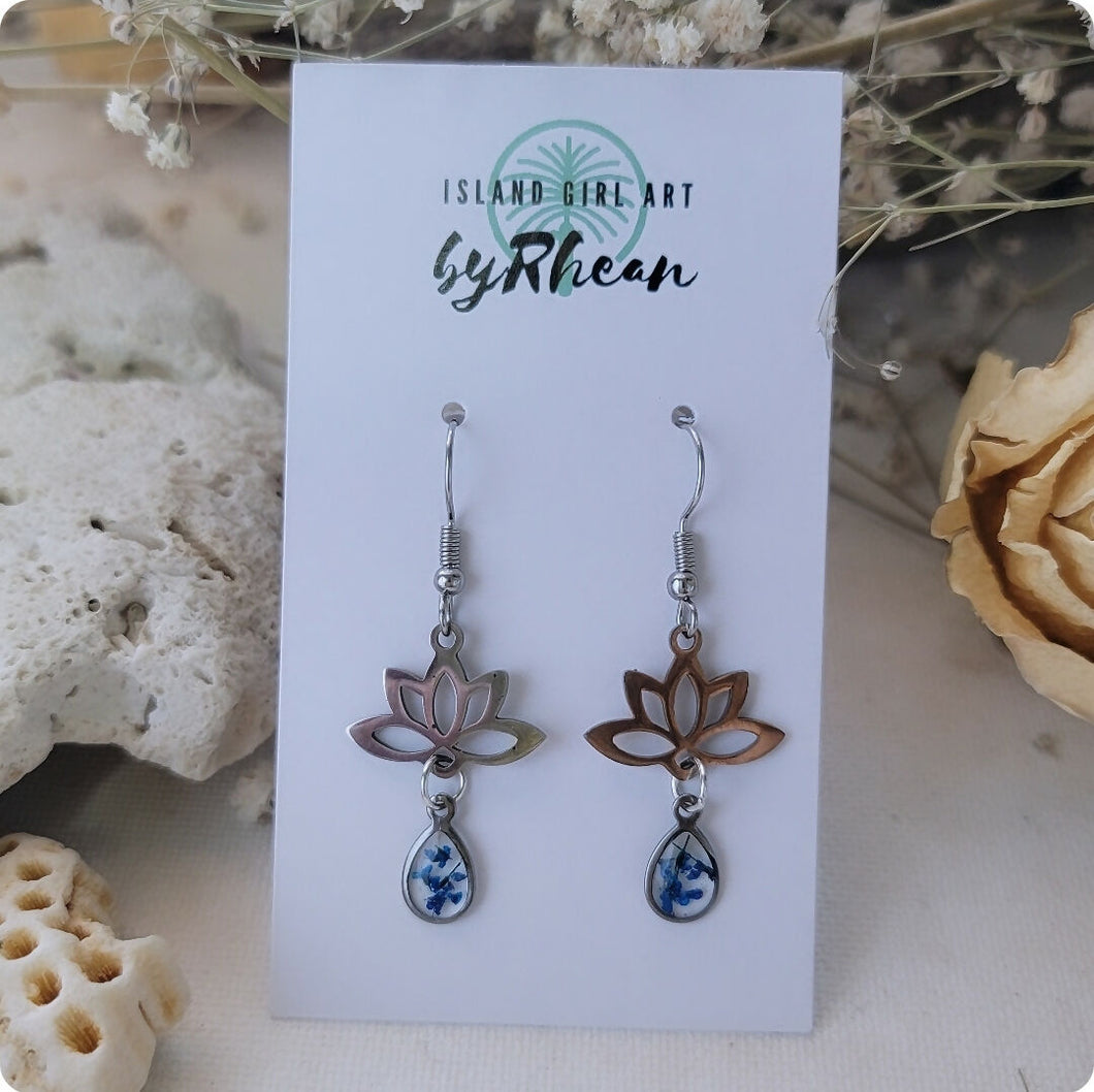 Island Girl Art - Pressed Flower Earrings - Blue Lotus, Jewelry, Island Girl Art by Rhean, Atrium 916 - Sacramento.Shop