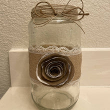 Load image into Gallery viewer, Paper Zen Designs - Glass Jar with Paper Flowers, Burlap, and Lace, Home Decor, Paper Zen Designs, Sacramento . Shop
