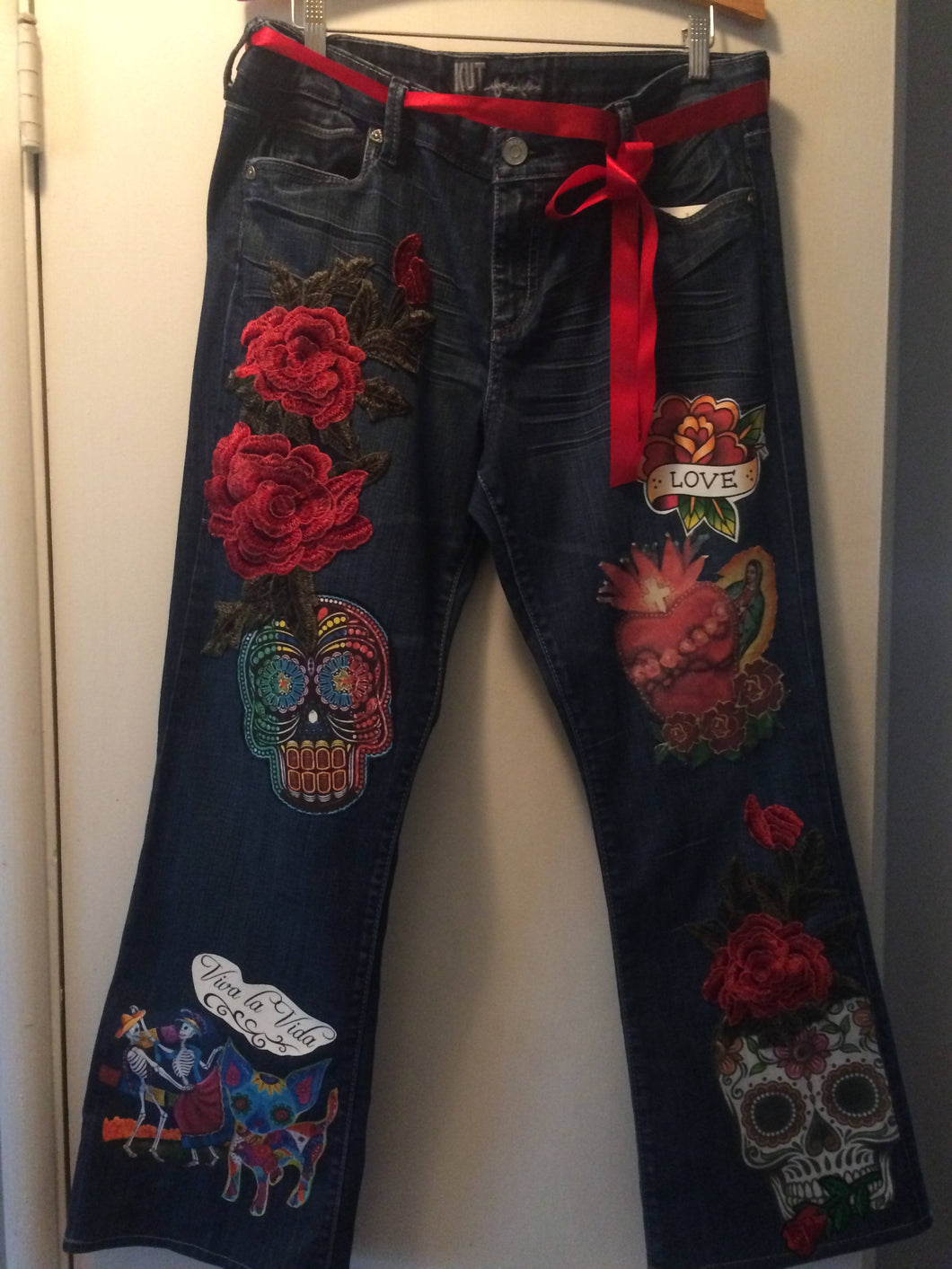 Maggie Devos - Day of the Dead/Love Denim Jeans- Size 16, Fashion, Maggie Devos, Sacramento . Shop