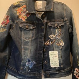 Maggie Devos- Upcycled Denim blue "broken Frida" jacket-Size L, Fashion, Maggie Devos, Atrium 916 - Sacramento.Shop