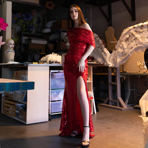 Yennie Zhou Designs - Red Sequin Off Shoulder Floor Length Dress w/ Slit and Matching Mask, Fashion, Yennie Zhou Designs, Sacramento . Shop