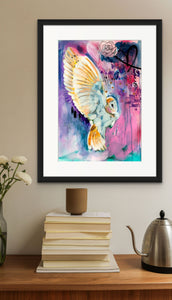 Edda Davila - Blue Night- Owl blue purple pink Painting 22”x30”, Wall Art, Edda Davila, Atrium 916 - Sacramento.Shop