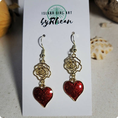 Island Girl Art - Pressed Flower Earrings - Red Rose Heart, Jewelry, Island Girl Art by Rhean, Atrium 916 - Sacramento.Shop