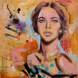 Edda Davila - Female yellow and pink portrait "12x12", Wall Art, Edda Davila, Sacramento . Shop