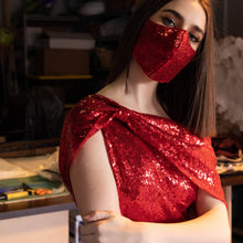 Load image into Gallery viewer, Yennie Zhou Designs - Red Sequin Off Shoulder Floor Length Dress w/ Slit and Matching Mask, Fashion, Yennie Zhou Designs, Sacramento . Shop
