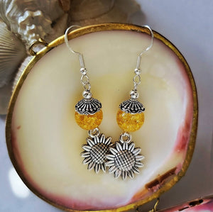 Island Girl Art - Glass Bead Earrings- Silver Sunflower Dangle, Jewelry, Island Girl Art by Rhean, Atrium 916 - Sacramento.Shop