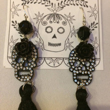 Load image into Gallery viewer, Maggie Devos - Rhinestone skull earrings w/ black tassels, Jewelry, Maggie Devos, Sacramento . Shop
