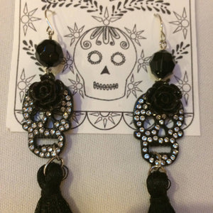 Maggie Devos - Rhinestone skull earrings w/ black tassels, Jewelry, Maggie Devos, Sacramento . Shop
