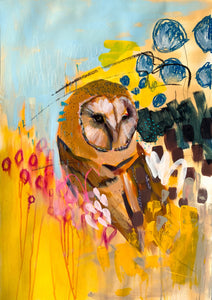Edda Davila - Long Gaze - Abstract Owl yellow, blue Painting 22”x30”, Wall Art, Edda Davila, Atrium 916 - Sacramento.Shop