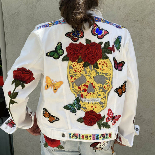 Maggie Devos - White Denim Jacket -Butterflies & skull-Size Lrg, Fashion, Maggie Devos, Atrium 916 - Sacramento.Shop