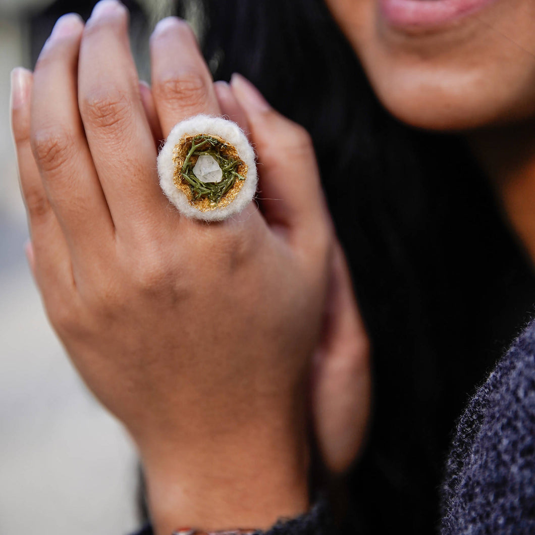 Succulent Sirens- Seashell with Lichen and Quartz Ring, jewelry, Skye Bergen, Sacramento . Shop