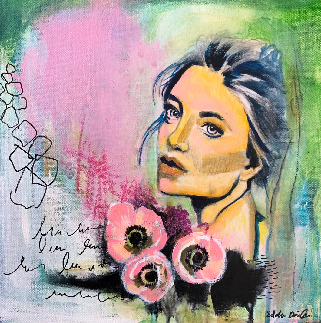 Edda Davila - Captivating Roses- Female yellow green and pink portrait 