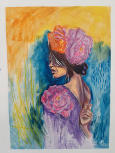 Edda Davila - Woman with Flowers in her head Painting 22”x30”, Wall Art, Edda Davila, Sacramento . Shop