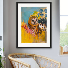 Load image into Gallery viewer, Edda Davila - Long Gaze - Abstract Owl yellow, blue Painting 22”x30”, Wall Art, Edda Davila, Atrium 916 - Sacramento.Shop

