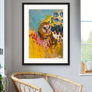 Edda Davila - Long Gaze - Abstract Owl yellow, blue Painting 22”x30”, Wall Art, Edda Davila, Atrium 916 - Sacramento.Shop