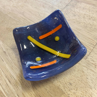 Shmak Creations - Small Blue Dish with Orange and Yellow Accents, Glasswork, Shmak Creations, Atrium 916 - Sacramento.Shop