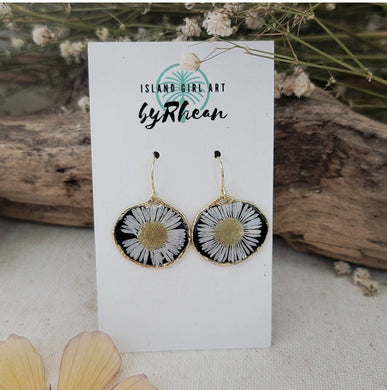 Island Girl Art - Pressed Flower Earrings- Midnight/White, Jewelry, Island Girl Art by Rhean, Atrium 916 - Sacramento.Shop