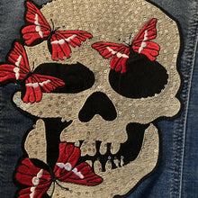 Load image into Gallery viewer, Maggie Devos-Upcycled Denim Jacket Skull &amp; Butterflies-Size S/M, Fashion, Maggie Devos, Atrium 916 - Sacramento.Shop
