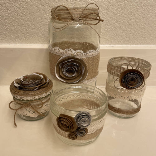 Paper Zen Designs - Glass Jar with Paper Flowers, Burlap, and Lace, Home Decor, Paper Zen Designs, Sacramento . Shop